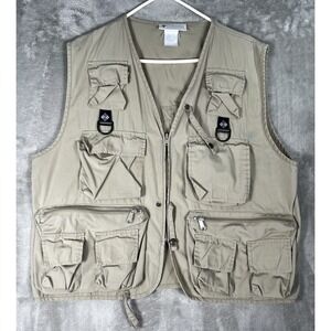 Columbia PFG Vest Men L / XL Beige Poly Cotton Utility Fishing Hunting Full Zip
